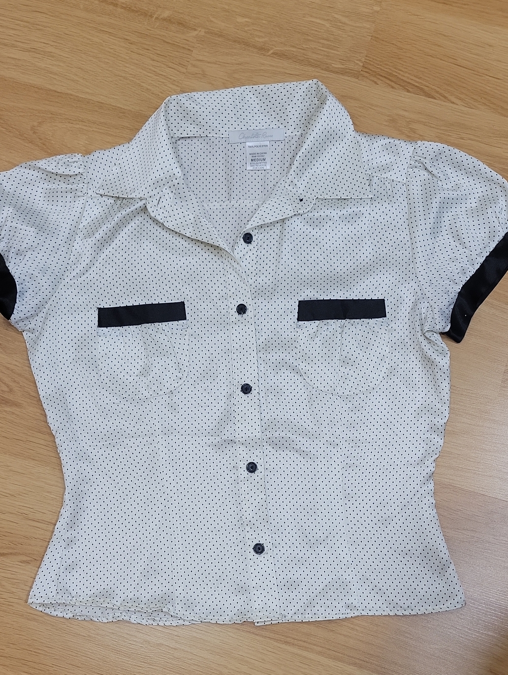 Charlotte Russe White Polka Dot Button-Up Blouse with Black Trim